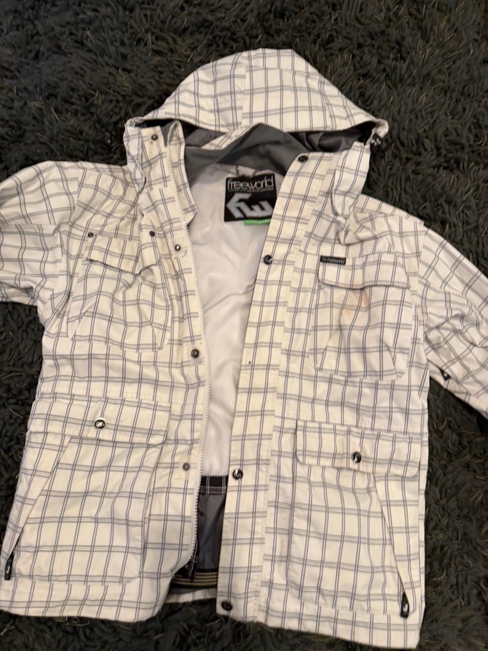 Freeworld Men's White Plaid Ski Jacket with Hood